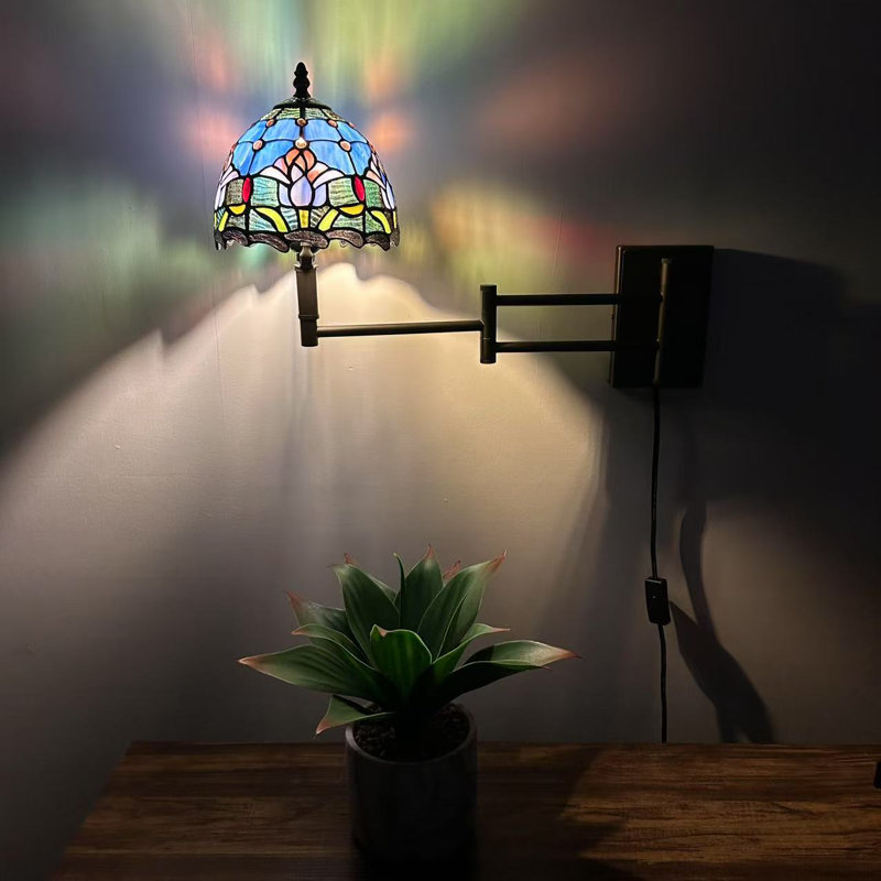 Tiffany Sconce Lamp Plug in Swing Arm Stained Glass Purple Tulips LED Bulb Included 13”W*8”D*15”H, Blue/Green/Pink