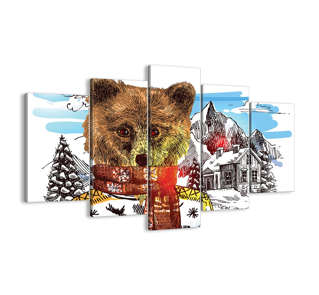 5-tlg. Leinwandbilder-Set - Grafikdruck „Bear Cub's Hut”