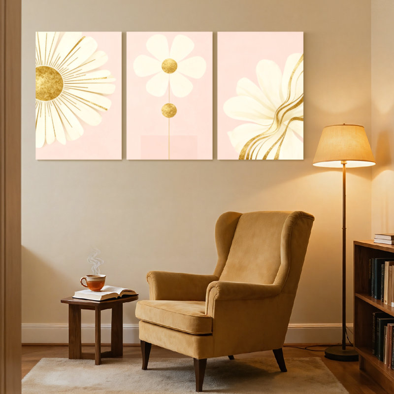 «Abstract Golden Daisy», ensemble de 3 reproductions d'art sur toile, H 24 po x l 48 po