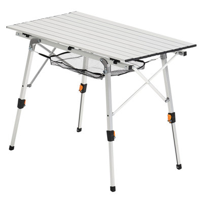 Table roulante extérieure légère en aluminium argenté avec couche en filet, plateau de table réglable de 35,4 pouces de large, pieds à verrouillage rapide pour un changement rapide de la hauteur, support solide pour petits groupes de camping