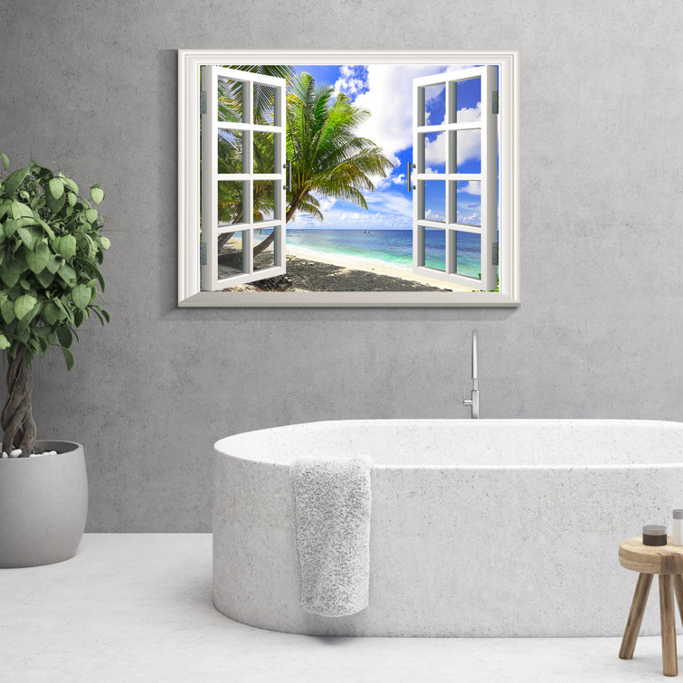 Framed Canvas Printed Window Scene Landscape Wall Art Decor Painting,Summer Beach Painting, Decoration for Office, Living Room, Bathroom, Bedroom Deco