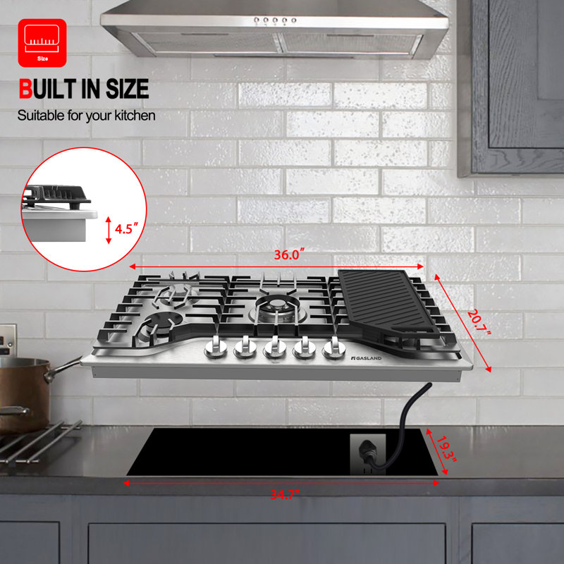 Gasland Chef 36" 5 Burner Gas Cooktop with Reversible Cast Iron Grill/Griddle, NG/LPG Convertible