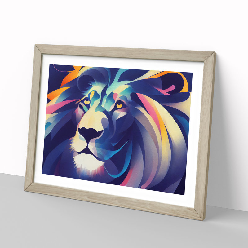 Animated Lion Abstract - Single Picture Frame Print, 25cm H x 34cm W x 2cm D, Oak Framed