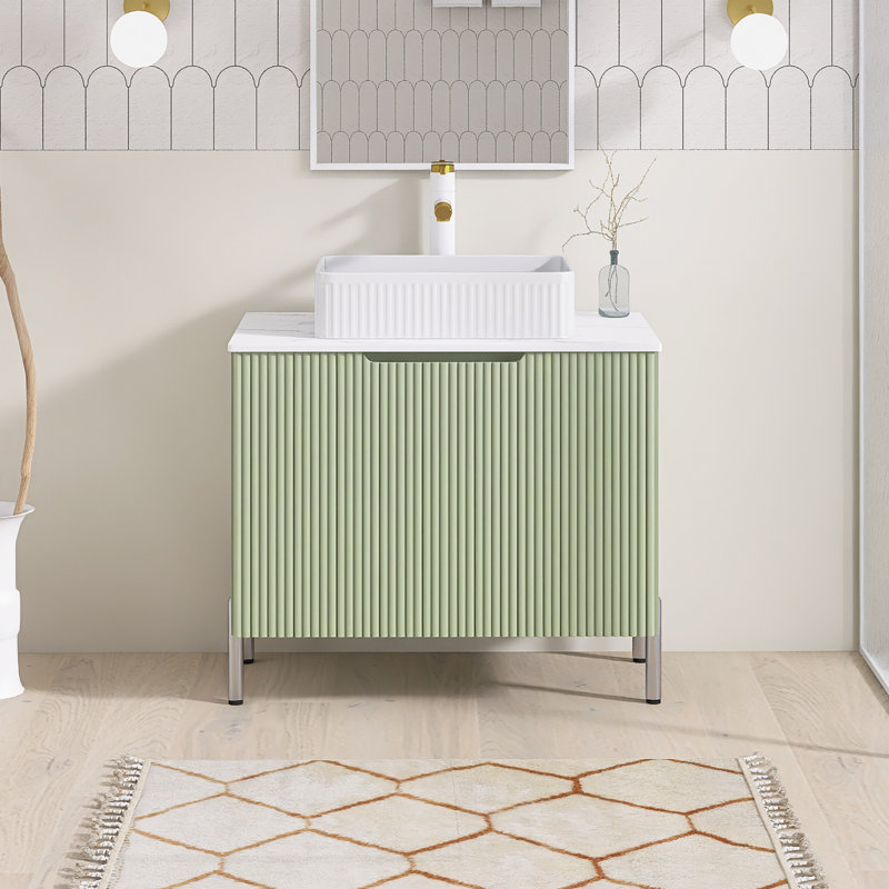 30 po Meuble-lavabo autoportant vert clair simple avec comptoir en pierre frittée blanc de Carrare non assemblé