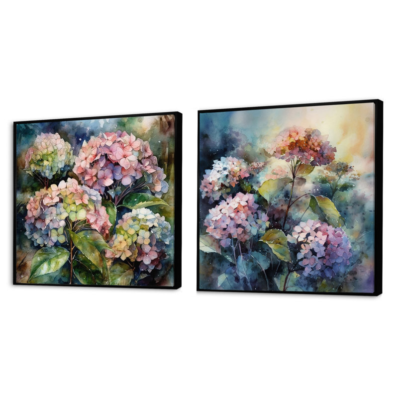Hydreangea mauve / vert - ensemble de 2 hortensias floraux carrés, Cadre flottant noir, H 16 po x l 33 po