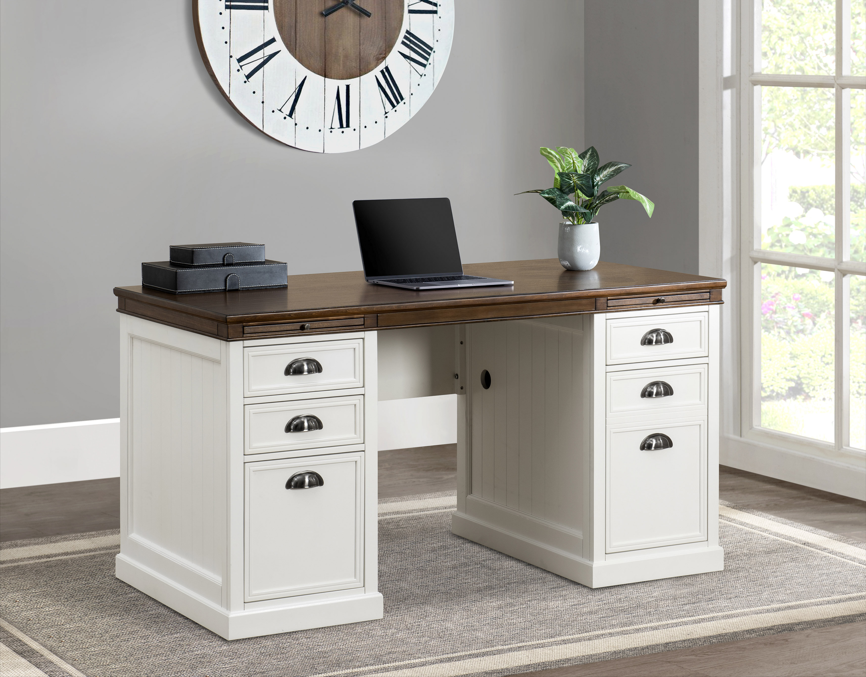 Sunjoy Computer Desk, 58 Inch Richland Double Pedestal Desk, Home ...