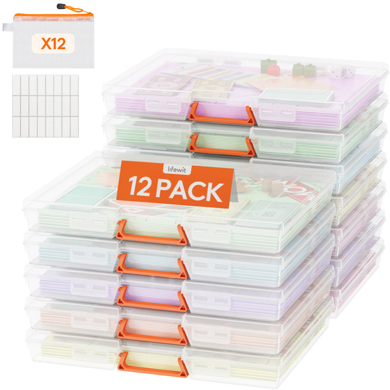 12 Pack Plastic Paper Storage Boxes, A4/Letter Size, 12 Extra Zipper Bags, Sticker Label, Portable File Box With Latching Lid And Handle, Versatile Storage Box For Projects, Craft Supplies