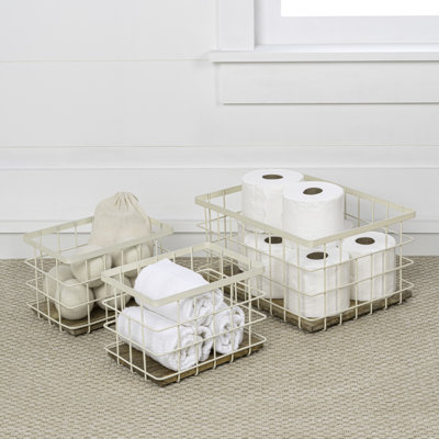 Evvie Vintage Farmhouse Handmade Wire Metal Nesting Storage Baskets with Wood Base (Set of 3)