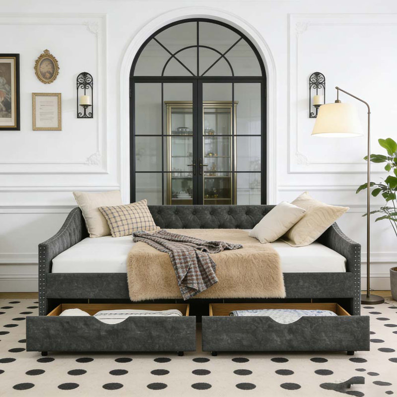 Lit de jour double avec tiroirs et canapé-lit capitonné, Complet/Double, Polyester gris
