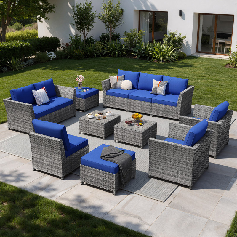 Briela 8 - Person Outdoor Seating Group with Cushions with Fire Pit table No Assembly Required, Navy, No