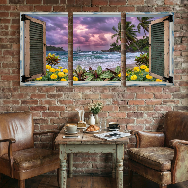Paysage et nature Scène de plage tropicale avec des volets ouverts, H 24 po x l 48 po