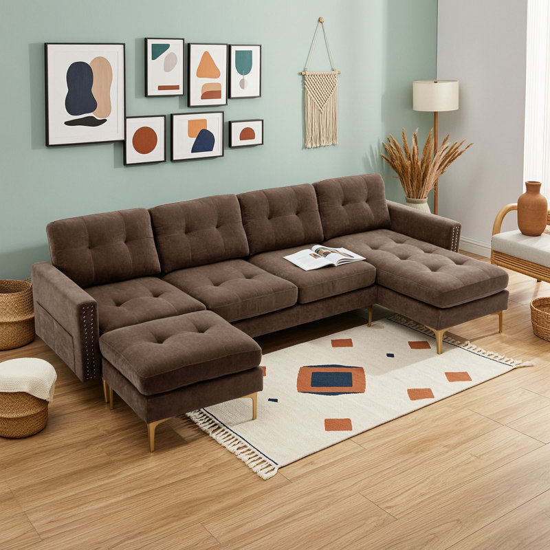 Canapé modulaire convertible en velours à cinq places avec repose-pieds mobile, Brun