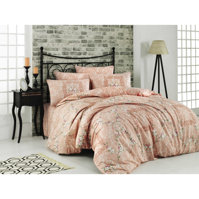 Ensemble de housse de couette 100% coton Pasadena, Housse de couette 63 "x 87" + 2 pièces supplémen, Saumon / blanc