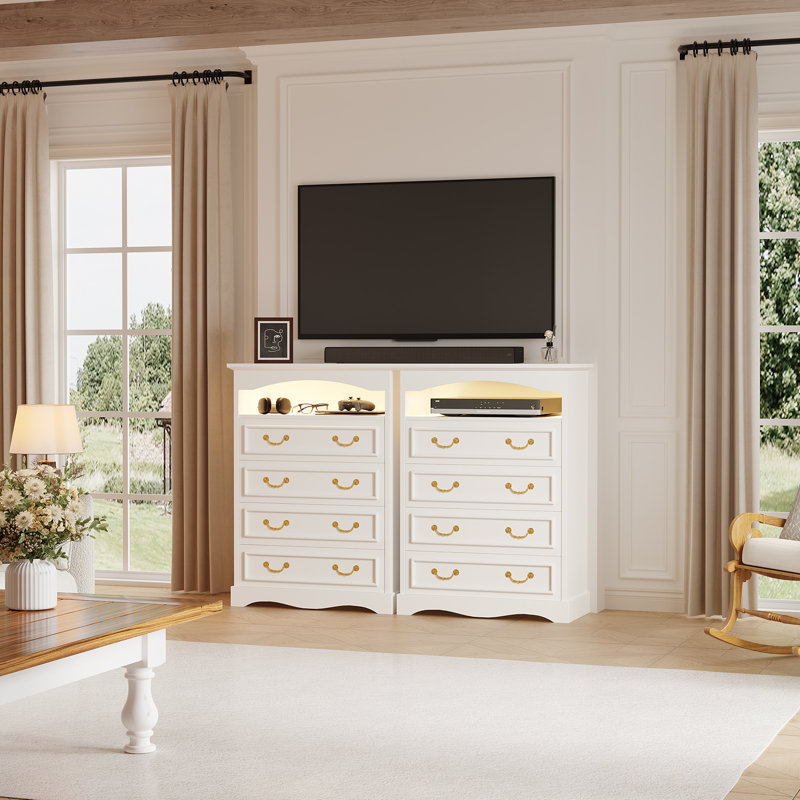 31.5"W Farmhouse 4 Drawer Dresser With LED Light,Tall Chest of Drawer With Anti-Tip for Bedroom,Dresser Organizer With Media Shelf