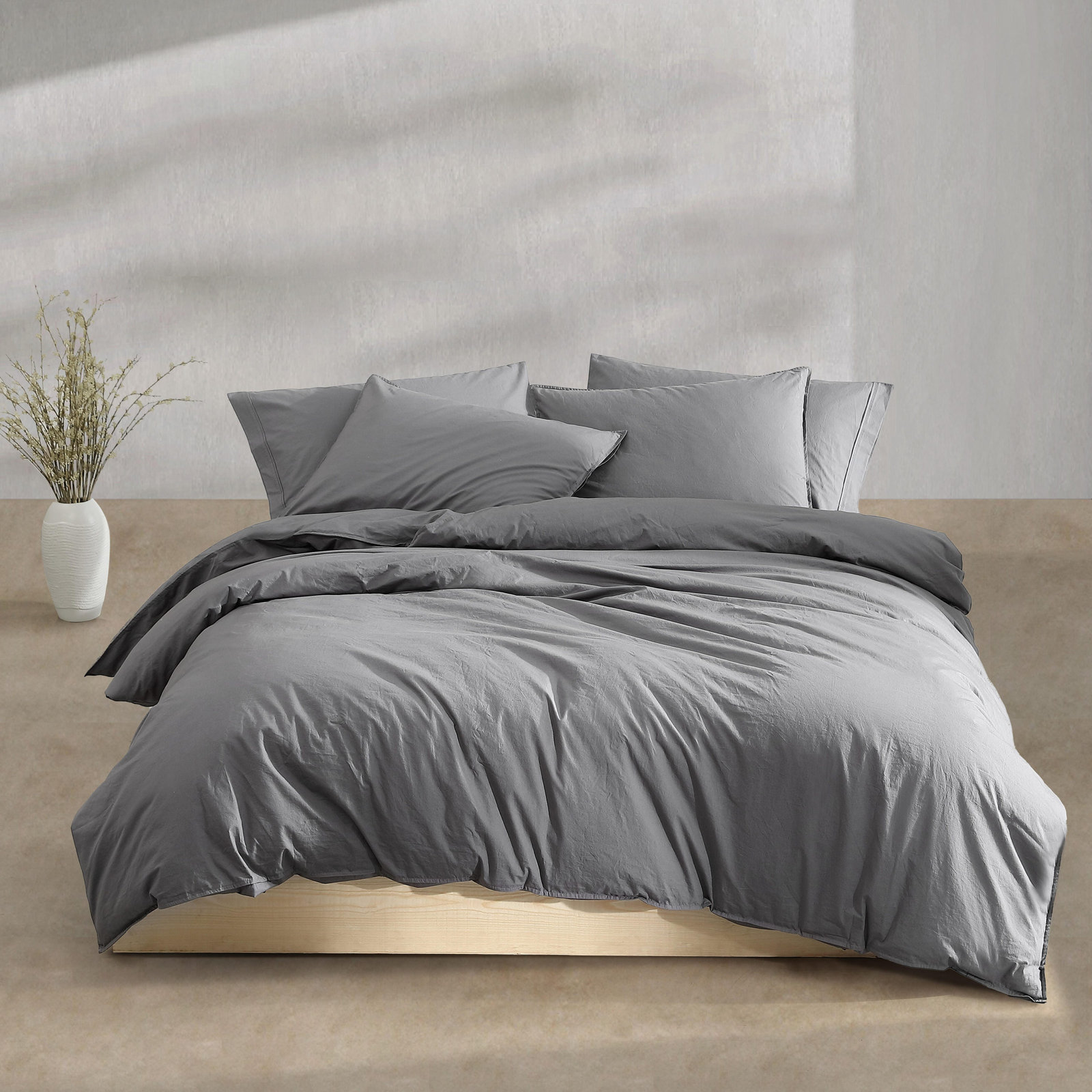 Calvin Klein Washed Percale Solid Cotton Duvet Cover Set, Queen Duvet Cover + 2 Standard Shams, Dark Gray