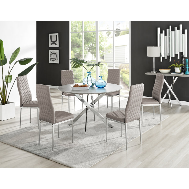 Tierra Modern Chrome Metal & Glass Round Dining Table Set with Quilted Faux Leather Chairs