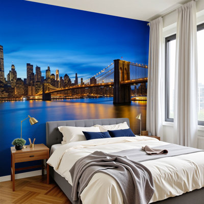 Peel and Stick Wallpaper Brooklyn Bridge Skyline Night New York city Cityscape Wall Murals 100"H x 144"W Removable PVC Wall Paper Self-Adhesive Wall Decor for Bedroom Living Room Home Office