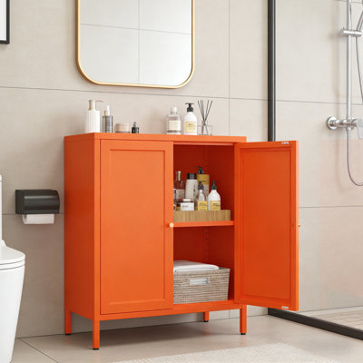 Armoire de rangement décorative en métal pour chambre à coucher, salon, bureau, cuisine - Armoire vestiaire en métal avec 1 tablette réglable - Armoire de rangement sur pied pour salle de bain (Porte carrée, orange)