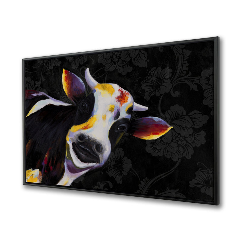 Vache amusante - Toile encadrée noire pour la décoration intérieure - Art floral