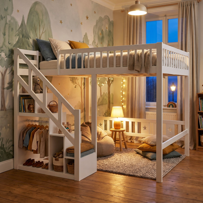 EU Single & Double Solid Wood Loft Bed with Storage Stairs & Wardrobe Rail, 161cm H Space-Saving Cabin High Sleeper Bed Frame with High Guardrail, White