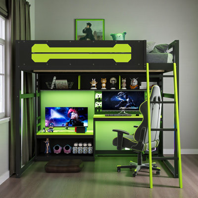 Lit mezzanine double, centre de jeu E-Sports, bureau et panneau perforé à DEL, moderne éclectique, pour salle de jeu pour adolescents