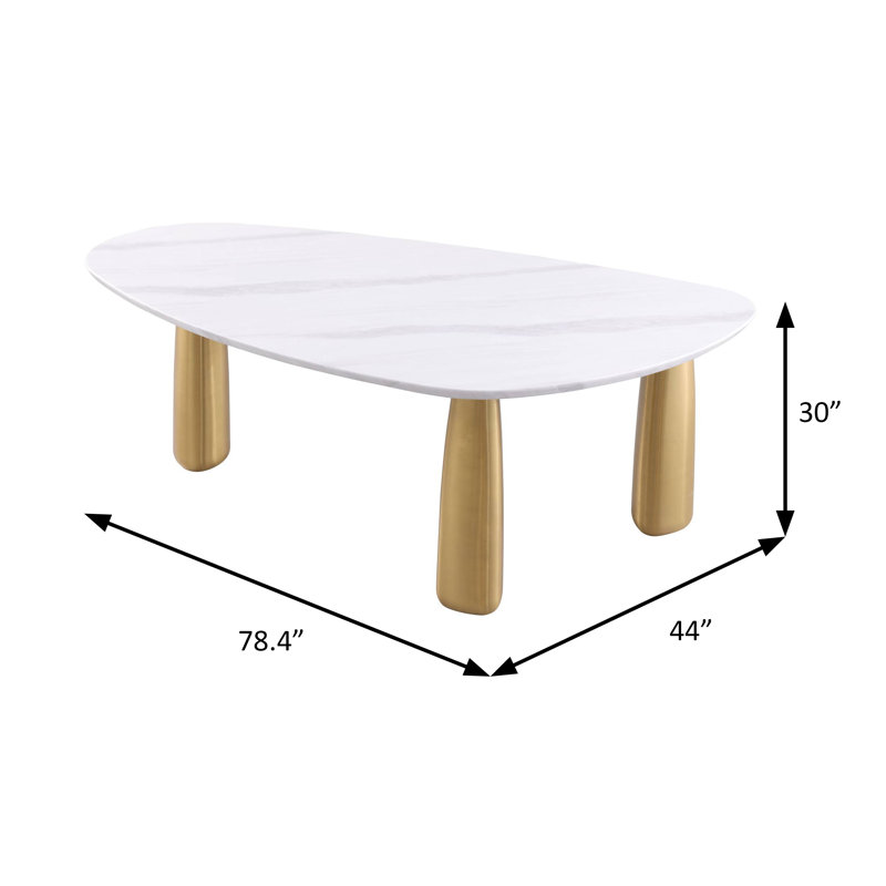 Table de salle à manger contemporaine de 78,4 po de largeur, blanc / or mat