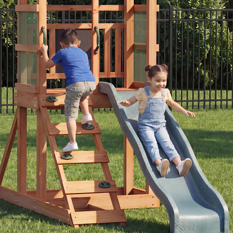 Ensemble de balançoire d'extérieur en bois avec glissade et mur d'escalade - idéal pour les cours et les aires de jeux