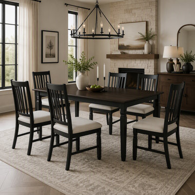 Ensemble de salle à manger extensible 5 pièces pour 4 personnes, table en placage chêne style ferme et 4 chaises rembourrées, pieds en hévéa, ensemble gain de place pour salle à manger familiale, espresso et noir, coussins beiges