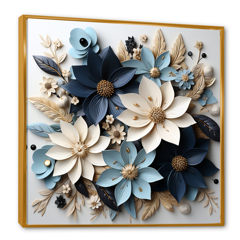 Poinsettias blancs et bleus en fleurs III, H 16 po x l 16 po x P 1 po, Cadre flottant doré