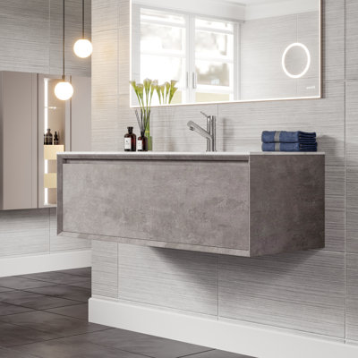 Aurora 48 po Meuble-lavabo mural simple en béton gris avec comptoir en quartz de Carrare et lavabo en porcelaine encastré