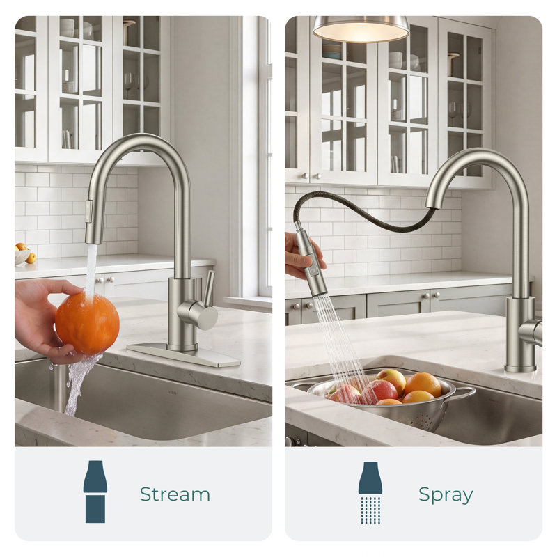 Pull Down Single Handle Kitchen Faucet With Deck Plate, Handles and Supply Lines, Brushed Nickel