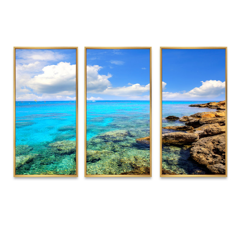 «Bright Summer Day In Sea - Sea & Shore», ensemble de 3 toiles encadrées, Cadre doré, H 20 po x l 36 po x P 1 po