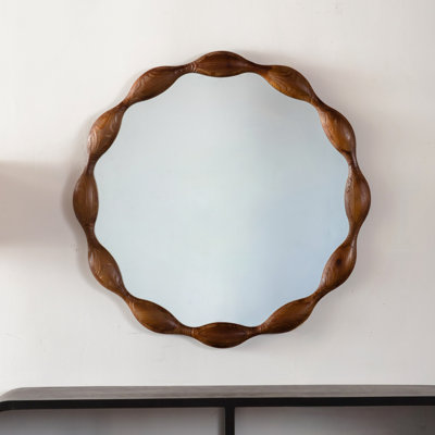 32.28" Solid Wood Round Mirror, Rustic Farmhouse Wavy Irregular Decorative Wall Mirror - Walnut, Large Circle Wood Frame Mirror for Living Room, Hallw