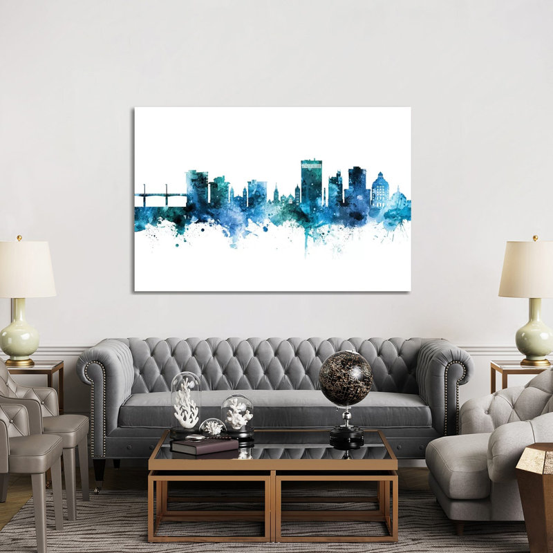 Asheville Skyline Blue Teal by Michael Tompsett - Wrapped Canvas Painting, 152.5 cm H x 101.5 cm W