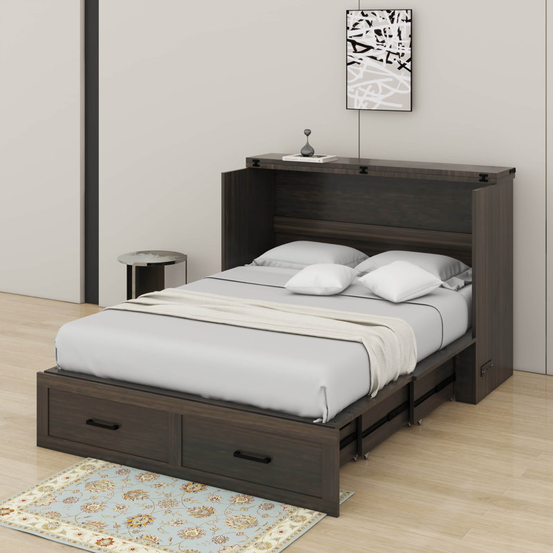 Grand lit escamotable avec station de charge, Gris rustique