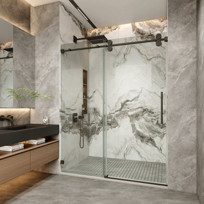 KAVRTON 57"-61" W X 76" H Frameless Shower Door, Single Sliding Shower Door in Matte Black, 3/8"(10mm) SGCC Certified Tempered Clear Glass