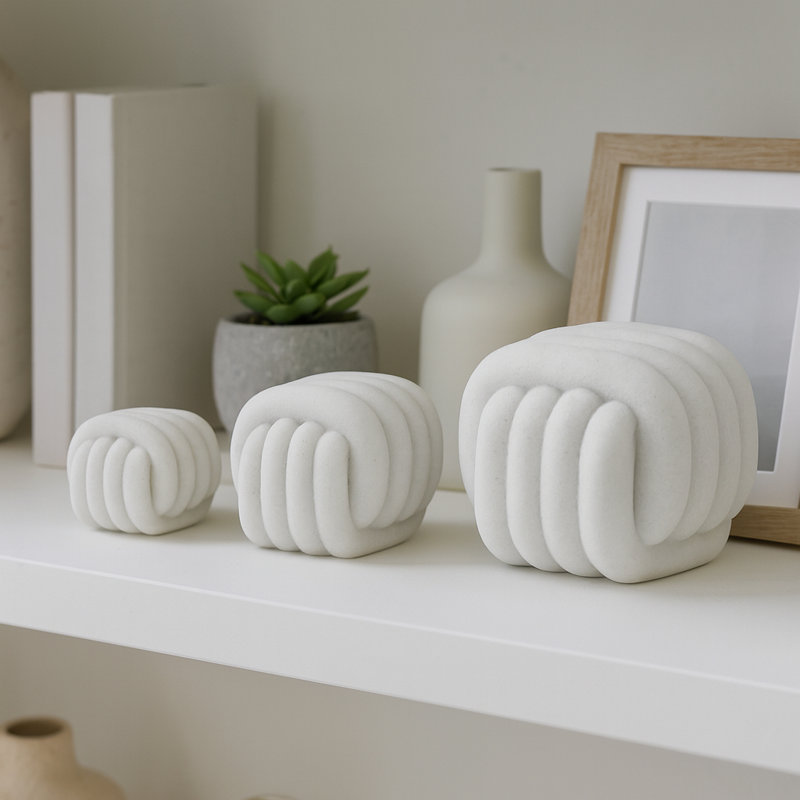 Set of 3 Decorative Objects for Home Decor - Modern Rounded Resin Sculptural Figurines 6", White