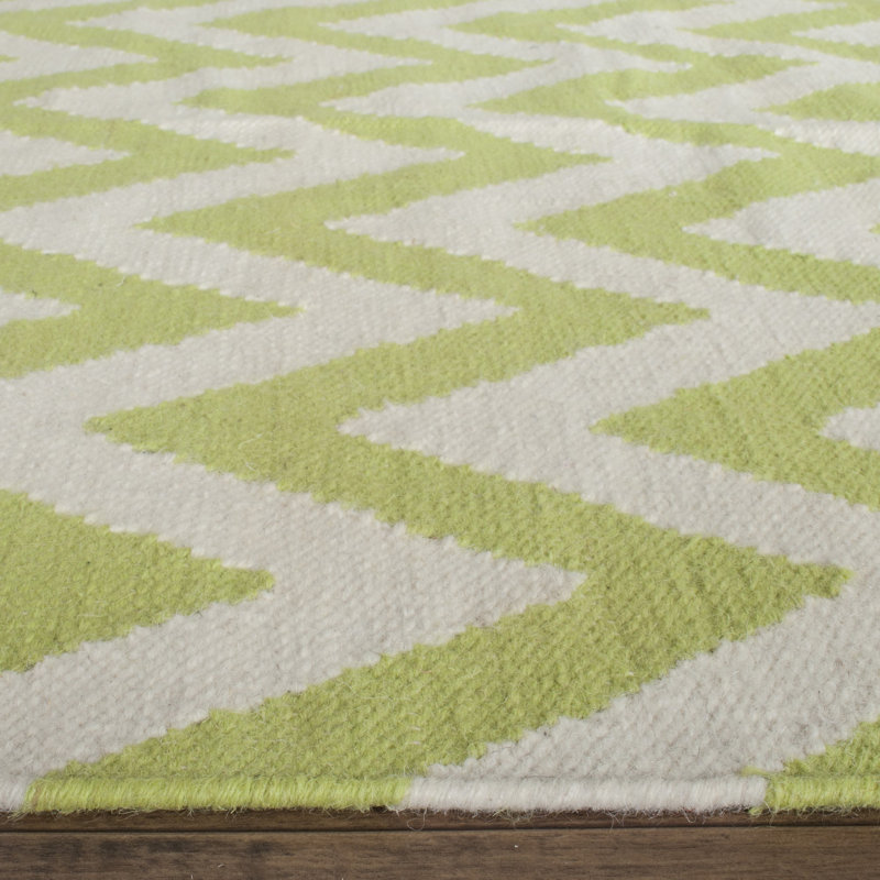 Dhurries Hand Woven Flat Weave Wool/Cotton Chevron Rug in Green/Ivory, Rectangle 8' x 10'