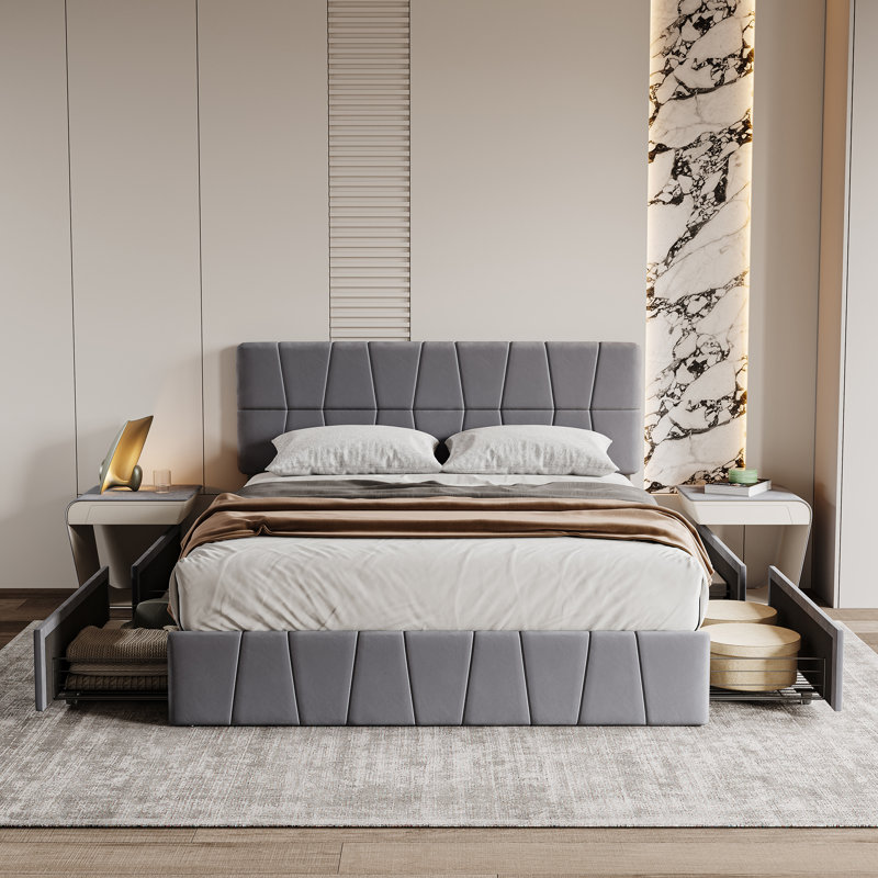 Barsky Velvet Upholstered Bed With 4 Drawers, European Kingsize (160 x 200 cm)