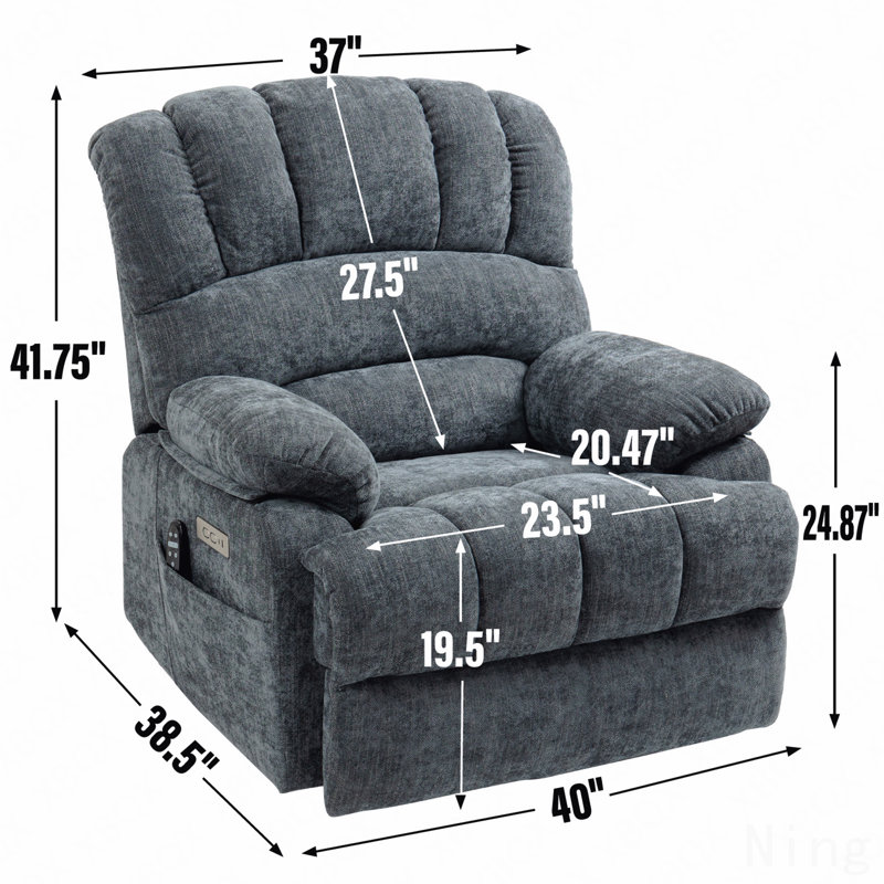 Fauteuil inclinable électrique en chenille bleu gris - siège 23 po, massage 8 points, chauffage lombaire, haut dossier, Gris