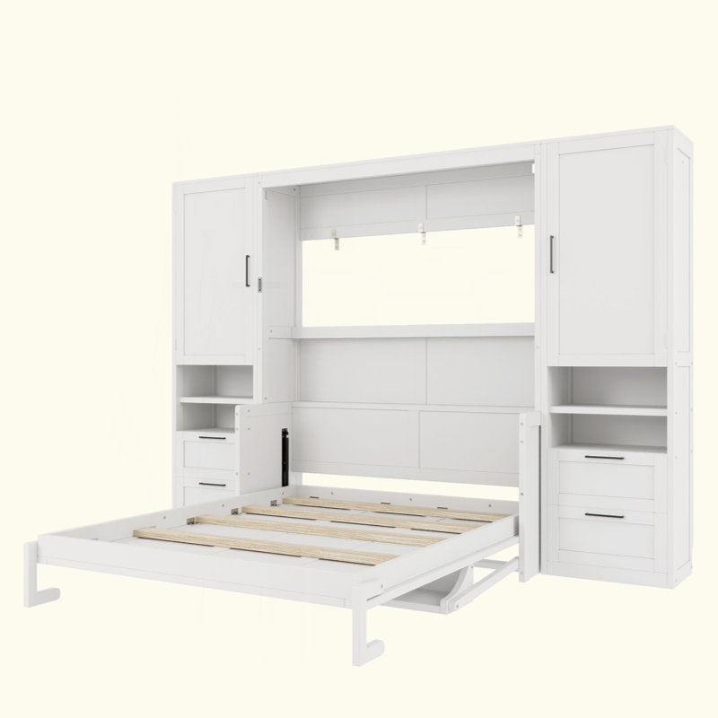 Lit escamotable Murphy avec placard, tiroirs et tablettes, Blanc, Grand