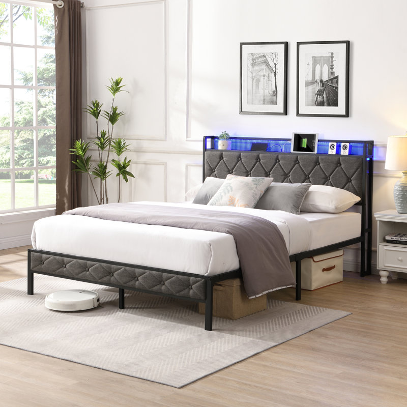 Dark Gray Upholstered Bed With Charging Station & Storage - Platform Frame Full Led Headboard Metal Structure, Breathable Upholstery, Gray, No Box Spring, Easy To Assemble