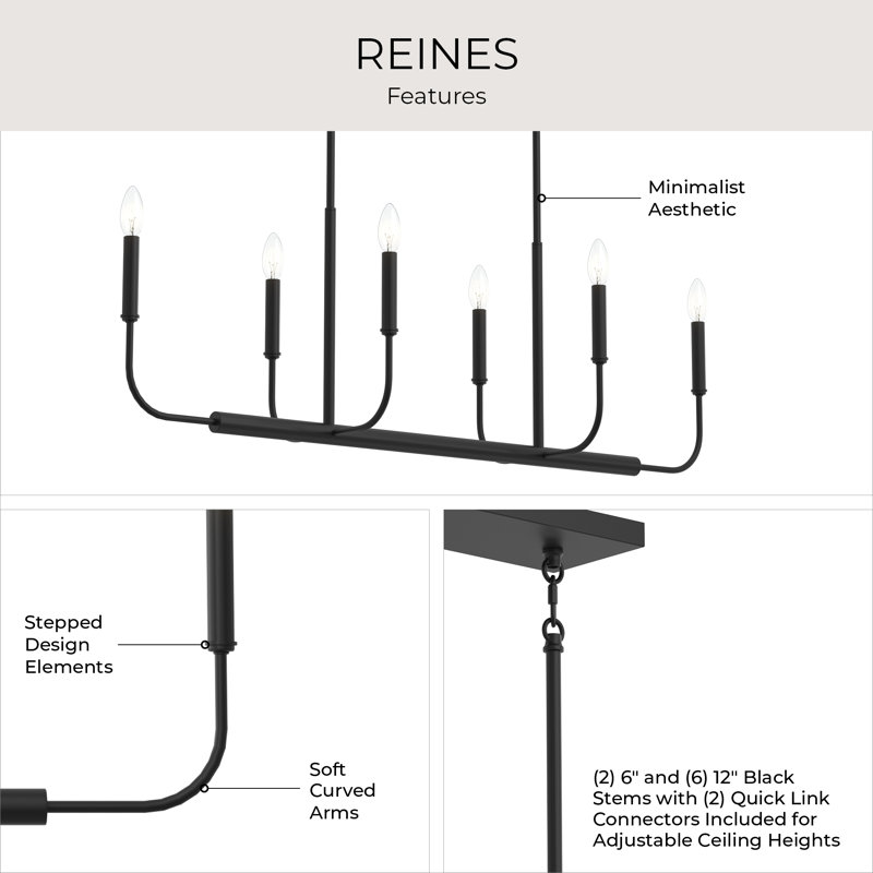 Reines 6-Light Matte Black Linear Chandelier, Matte Black