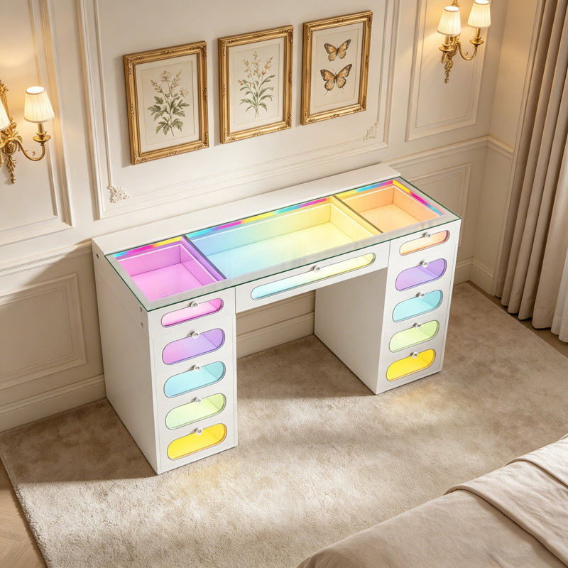 Vanity Desk with Lights RGB Color 11 Oval Glass Fronted Drawers with Crystal Handles Type C & USB Charger for Bedroom
