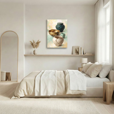 Teal and Gold Ceramic Jars and Bowls on Pastel Wash Canvas Wall Art