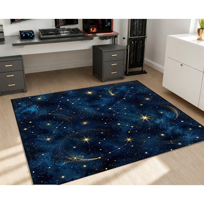 Machine Washable Area Rug with Non‑Slip Backing, Constellation Pattern Dark Blue Gold Star Sky Floor Carpet, Cozy Indoor Home Decor for Living Room, Bedroom, Entryway, Front Door, Kitchen, Balcony, Apartment