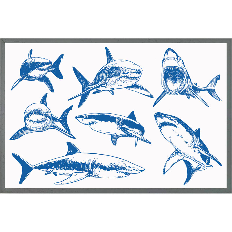 Dampier Graphical Set Of Blue Sharks Isolated On White Background - Single Picture Frame Print, Grey Framed