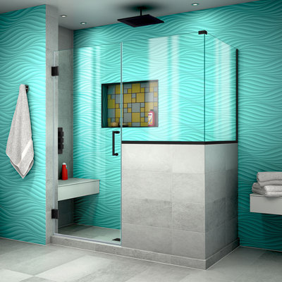 Unidoor Plus 54" W x 36.375" D x 72" H Frameless Pivot Rectangle Shower Enclosure with Fixed Panel