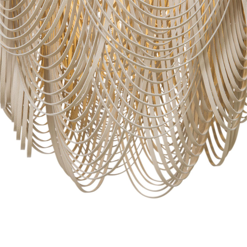 Large Leather Fringe Chandelier w/ Crown, 53" H x 36" W x 36" D, Cream