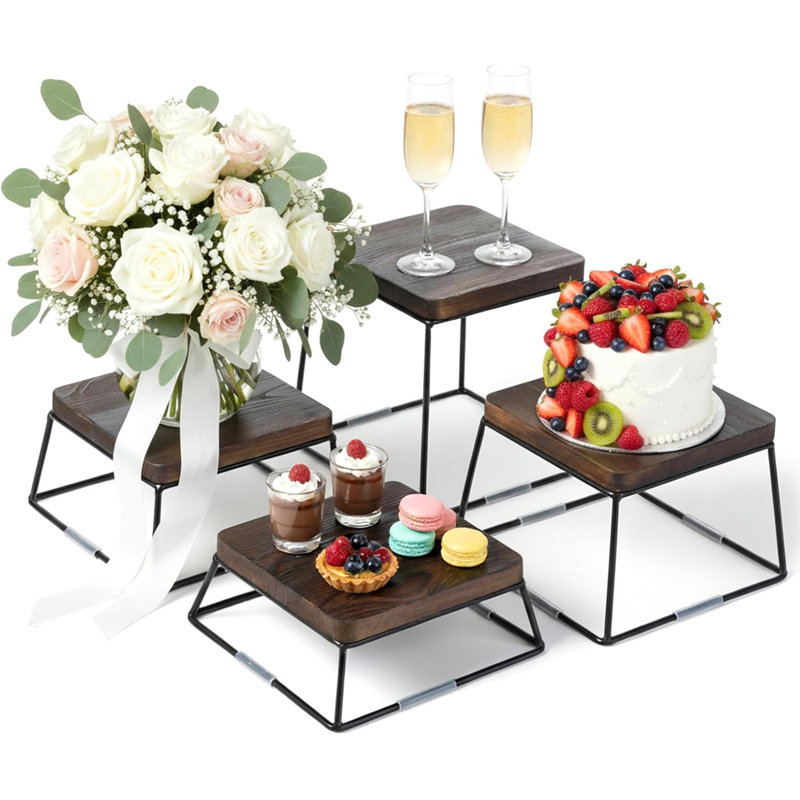 Ensemble de présentoir de table à dessert, risers 4 pièces, support à pizza en bois brun avec base en fil métallique noir mat, présentoirs à gâteau